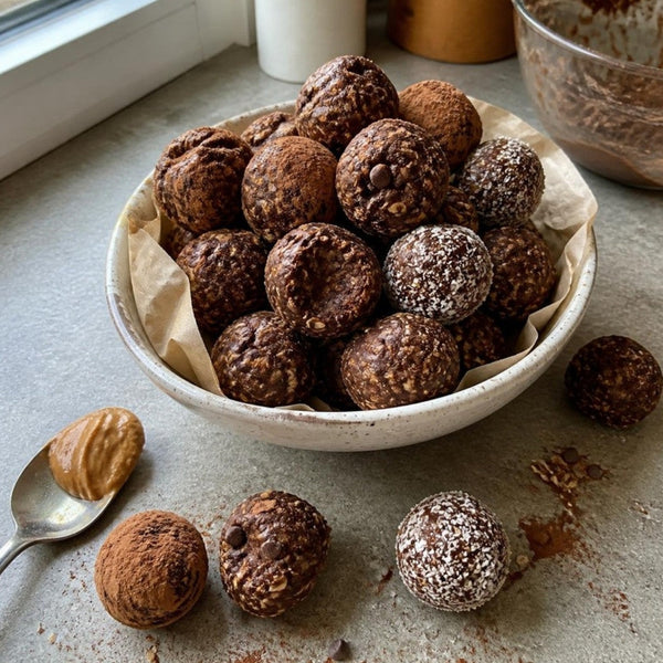 Homemade no-bake chocolate protein bites in a bowl, some rolled in cocoa and coconut