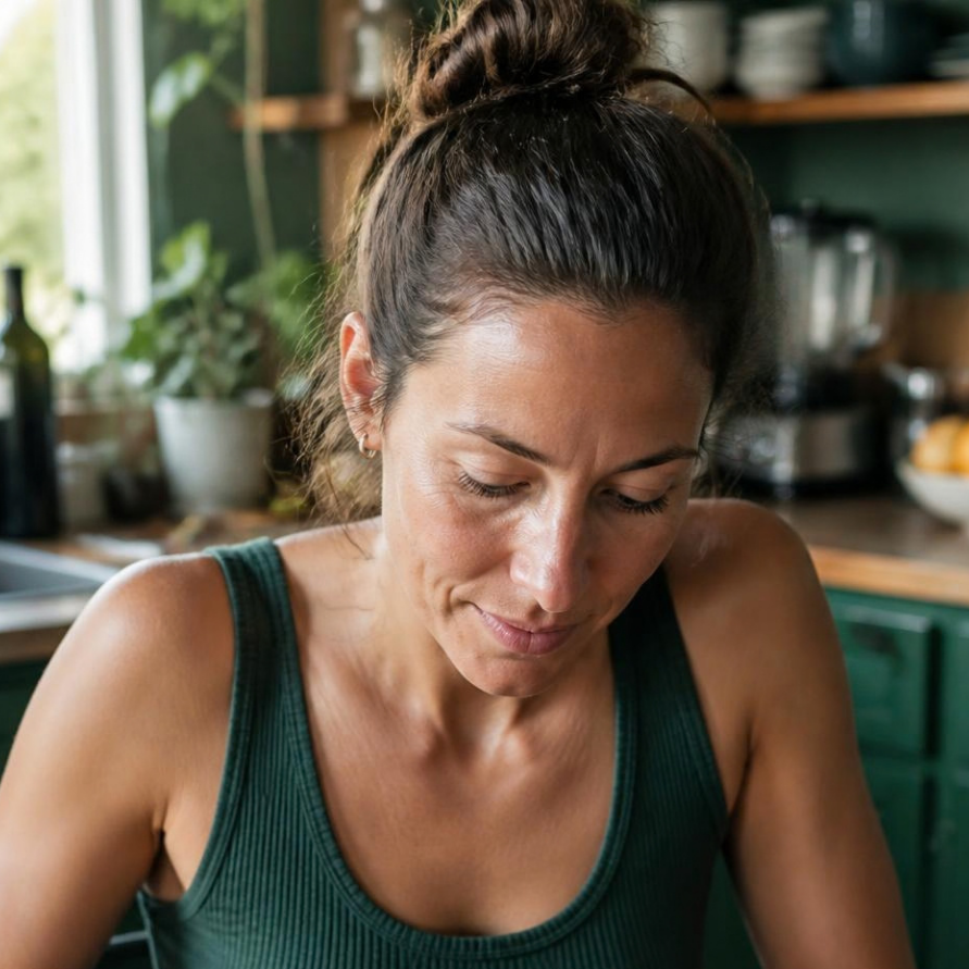 Woman in a kitchen making chocolate protein nice cream