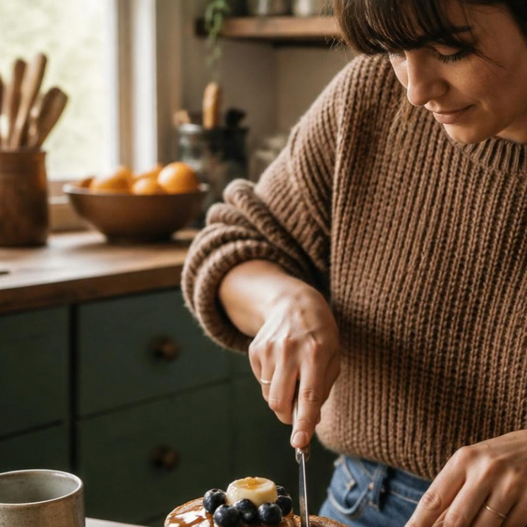 Woman cutting into a stack of protein pancakes topped with blueberries