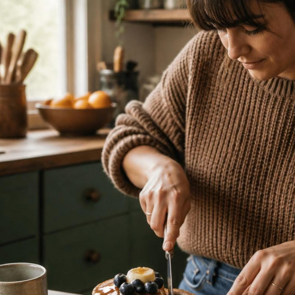 Woman cutting into a stack of protein pancakes topped with blueberries
