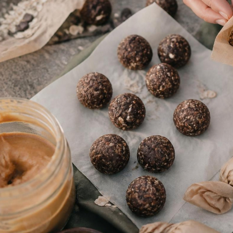 Chocolate protein trail bites on parchment next to a jar of peanut butter