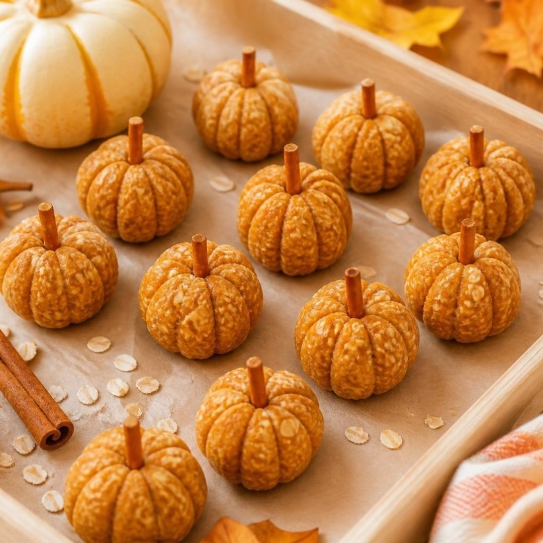 No-bake pumpkin protein bites shaped like little pumpkins with pretzel stems