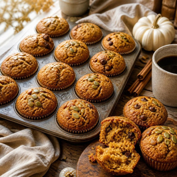 Homemade pumpkin protein muffins topped with pumpkin seeds and chocolate chips in a muffin tin