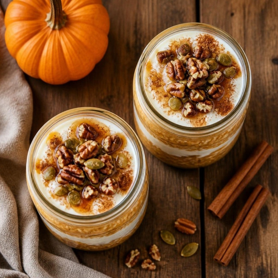 Two jars of pumpkin protein overnight oats topped with pecans, pumpkin seeds and maple