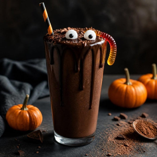 Witch's Brew chocolate protein shake with chocolate drips, candy eyes and a gummy worm