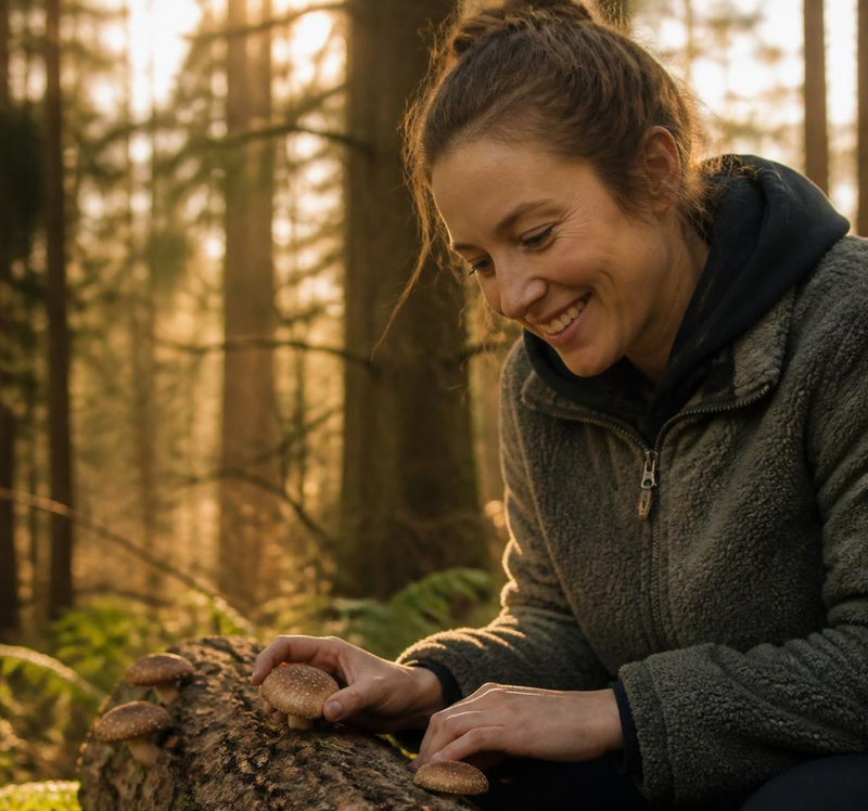 Woman smiling as she looks at mushrooms growing on a log in a sunlit forest