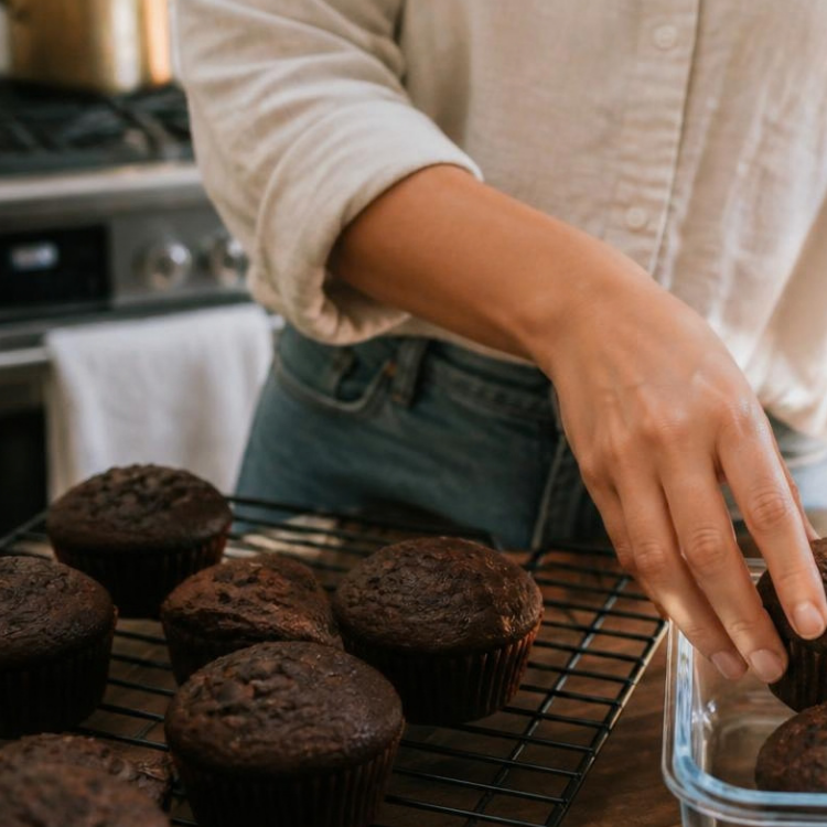 Chocolate protein muffins cooling on a rack