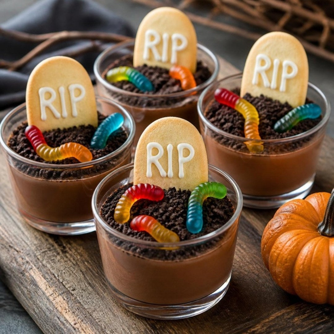 Graveyard pudding cups with cookie tombstones, cookie dirt and gummy worms