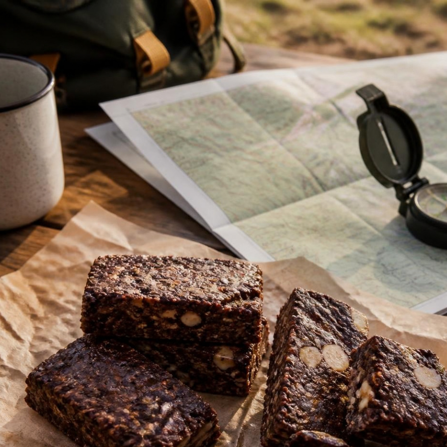 Chocolate trail bars on parchment beside a trail map and compass