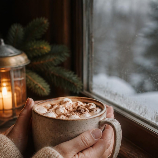 Hands holding a mug of hot protein cocoa by a snowy window