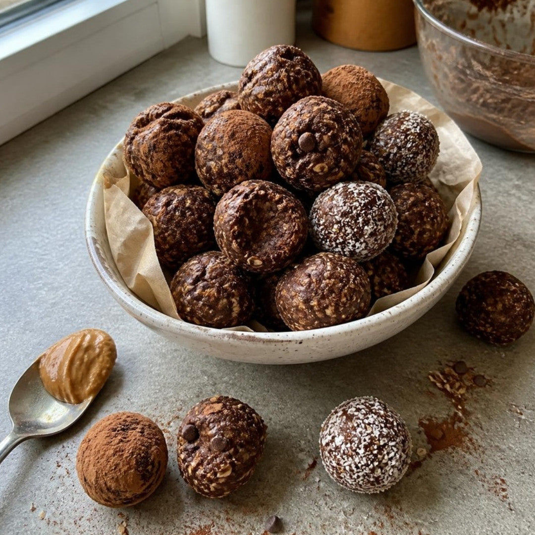 Homemade no-bake chocolate protein bites in a bowl, some rolled in cocoa and coconut