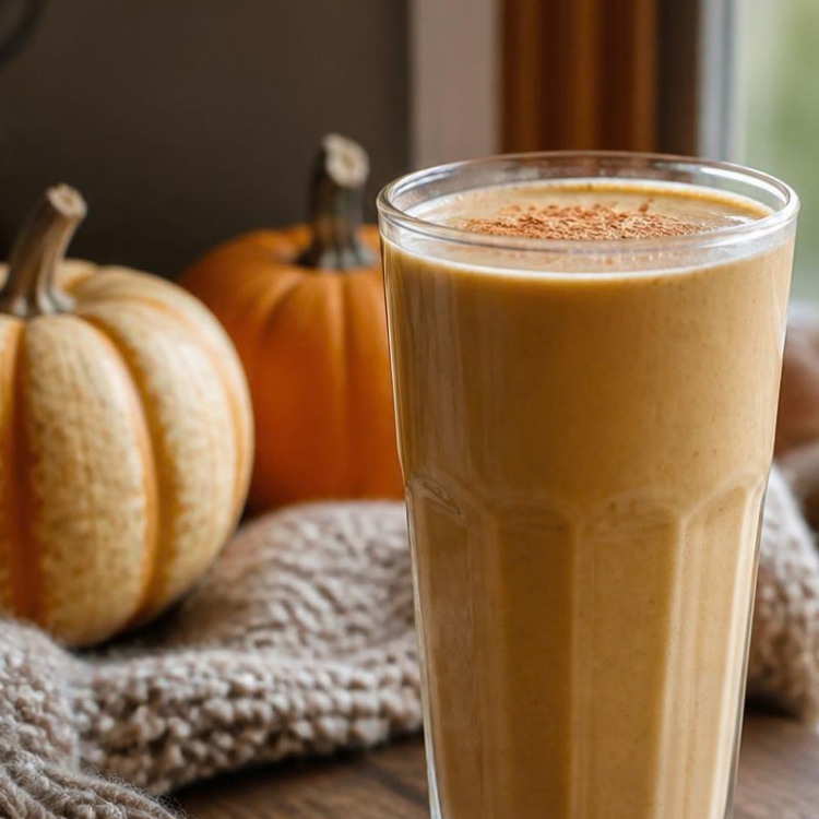 Pumpkin spice vanilla protein shake next to small pumpkins