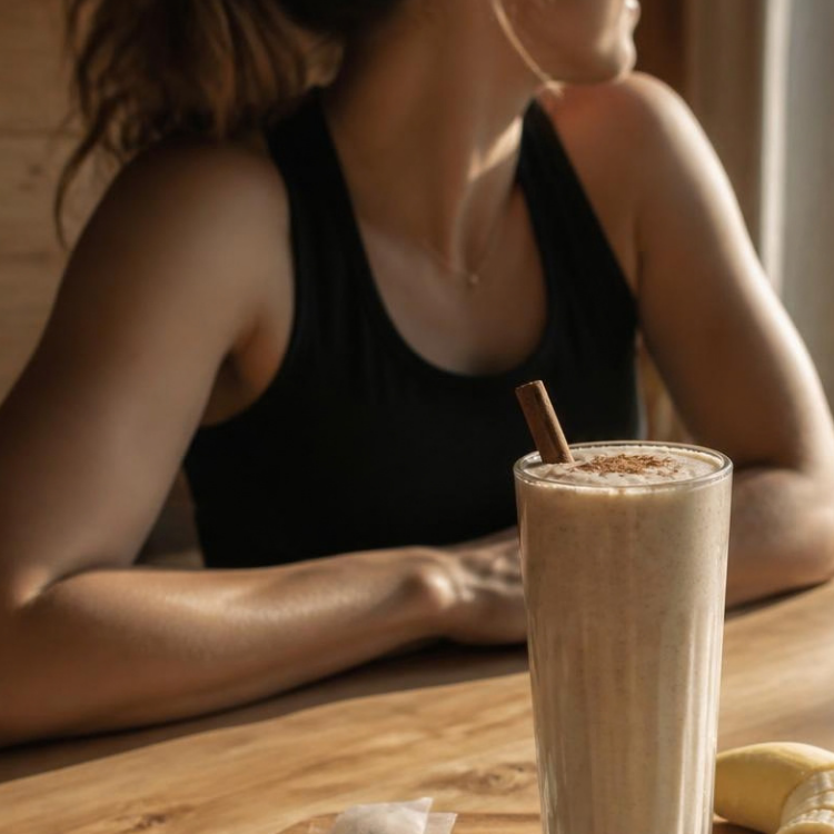 Vanilla chai smoothie dusted with cinnamon on a wooden table by a mountain window