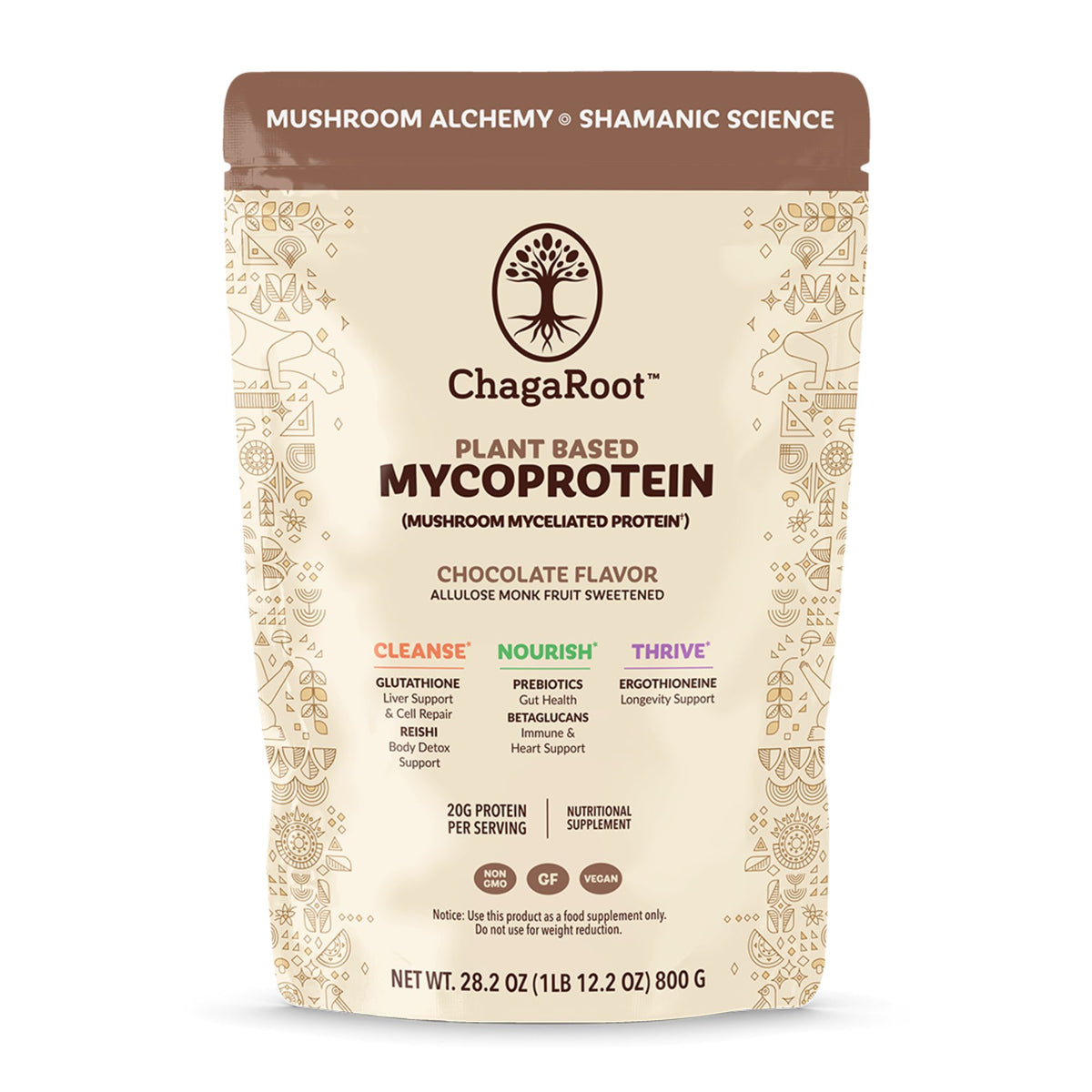 ChagaRoot plant-based mycoprotein package on a white background functional mushrooms myceliated protein plant based protein