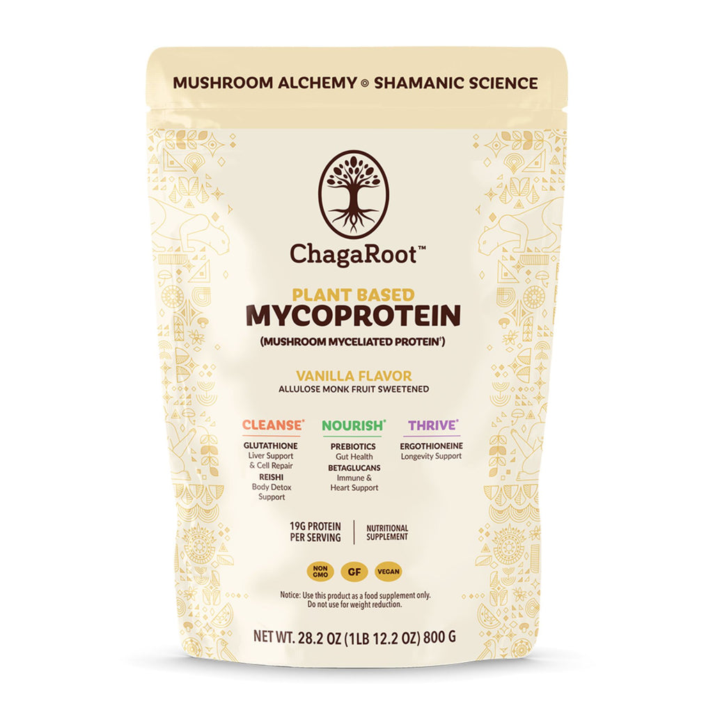 ChagaRoot mycoprotein supplement package on a white background functional mushrooms myceliated protein nutritional supplement 