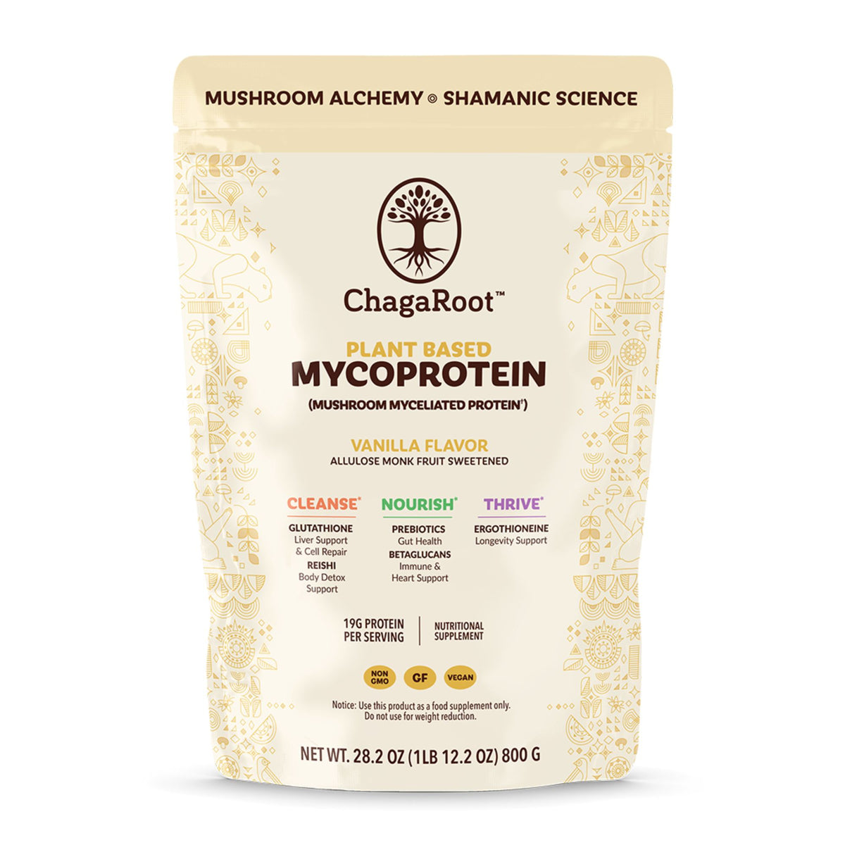 ChagaRoot mycoprotein supplement package on a white background functional mushrooms myceliated protein nutritional supplement 