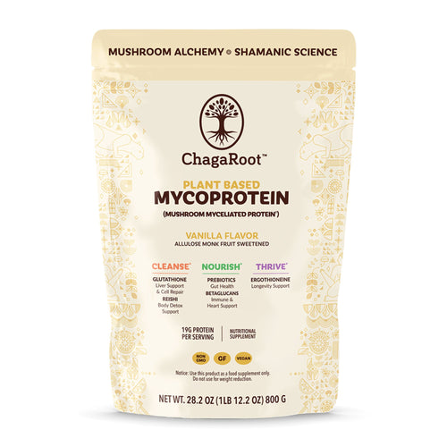 ChagaRoot mycoprotein supplement package on a white background functional mushrooms myceliated protein nutritional supplement 