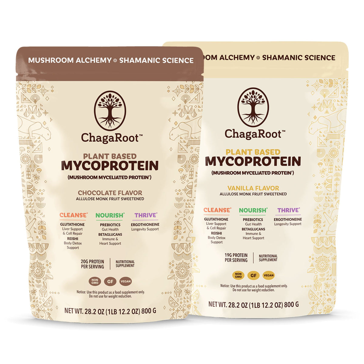 ChagaRoot MycoProtein bags in Chocolate and Vanilla flavors