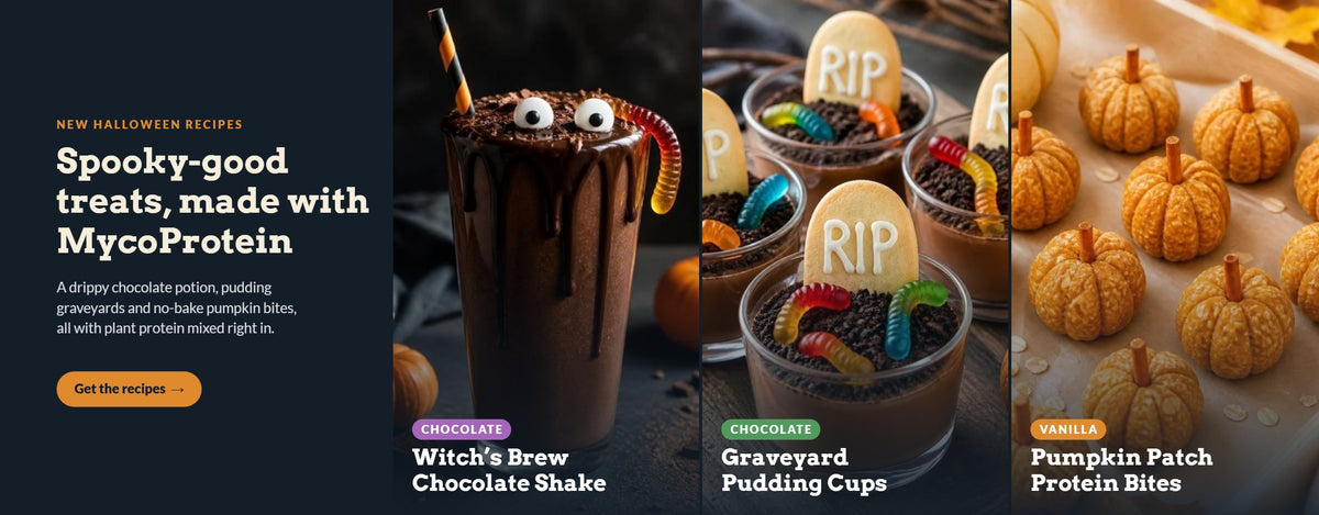 New Halloween recipes made with MycoProtein: Witch's Brew Chocolate Shake, Graveyard Pudding Cups and Pumpkin Patch Protein Bites