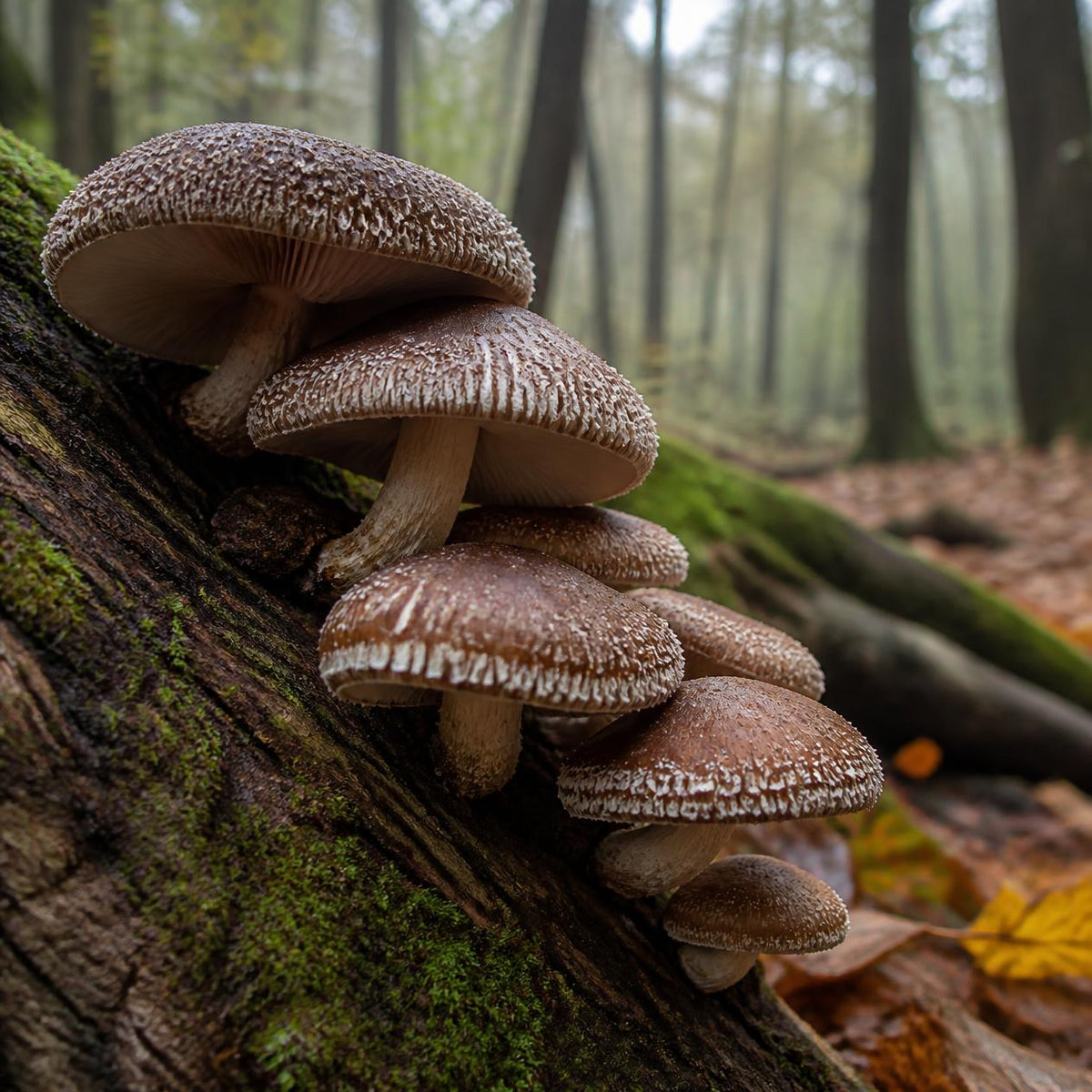 Shiitake mushrooms growing on a mossy log in a forest